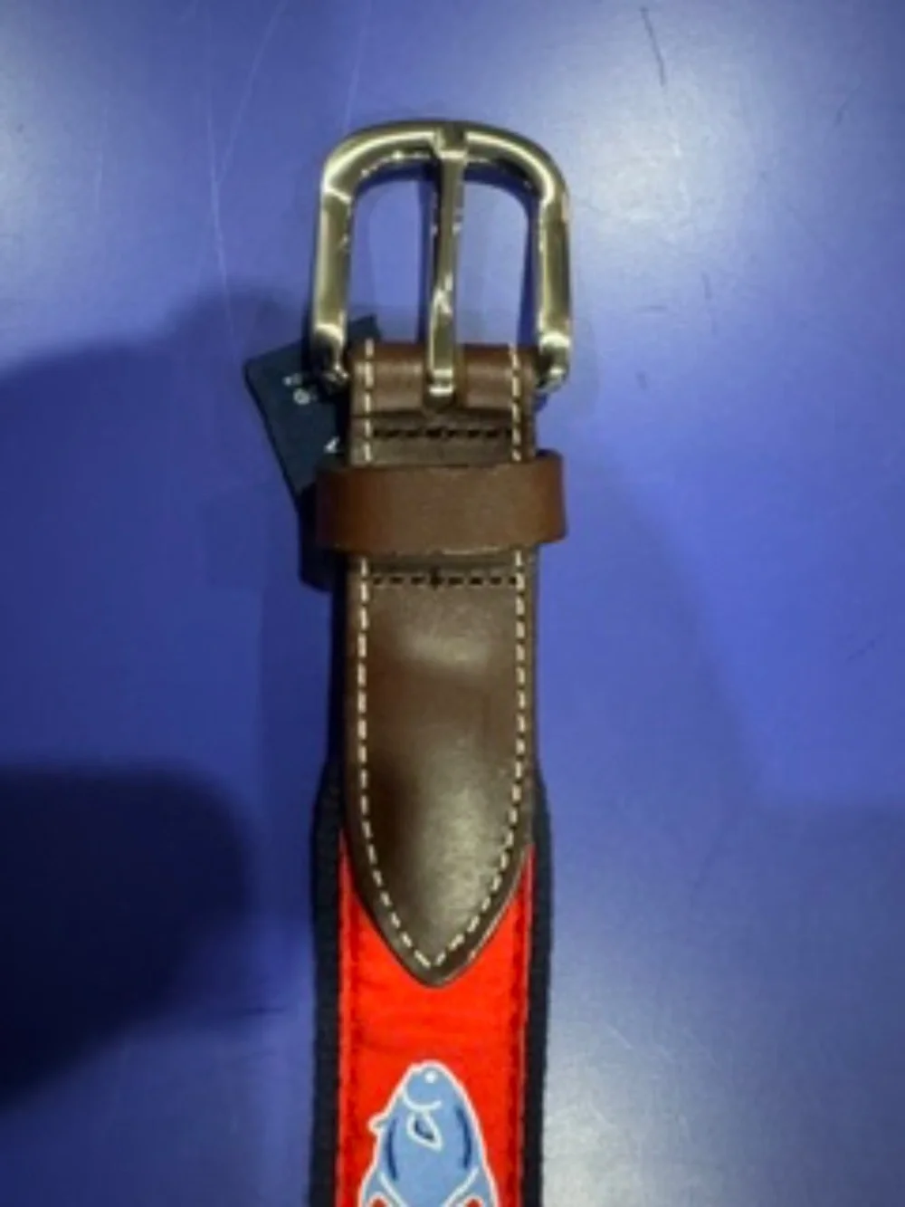 EUC Vineyard Vines Fish Red & Blue Fish belt, leather, size 30, $42 new